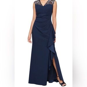Alex Evenings NWT $219 navy blue jeweled draped formal gown dress 16